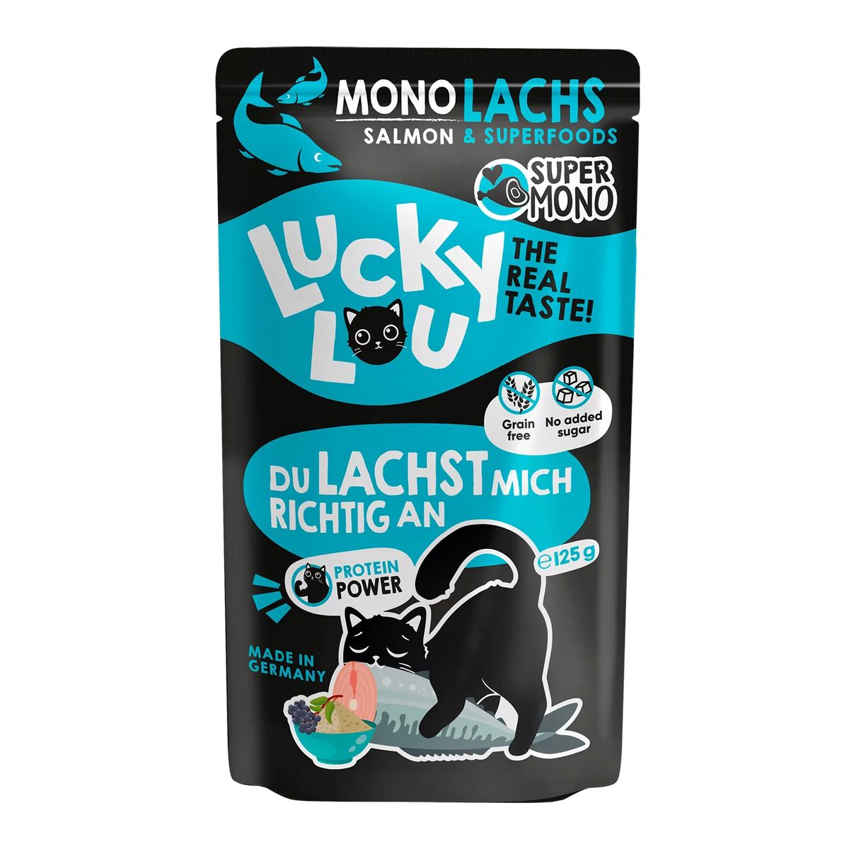 Lucky Lou SuperMono² Salmon Grain Free Adult пауч за котки Монопротеин с 65% Сьомга и Суперхрани 125 г