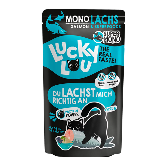 Lucky Lou SuperMono² Salmon Grain Free Adult пауч за котки Монопротеин с 65% Сьомга и Суперхрани 125 г