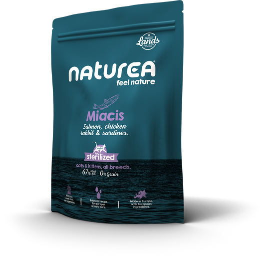Naturea Lands Miacis Grain free супер премиум храна за котки със Сьомга, Пиле, Заек и Сардини 350г