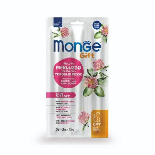 Monge Gift Skin Support Soft Stick лакомство за котки за кожа и козина с Риба Треска и Детелина 15г