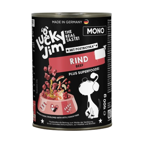 Lucky Jim Mono Beef Grain Free Monoprotein Adult беззърнена монопротеинова мокра храна за кучета с 65% Телешко месо, Суперхрани и Постбиотици 400г