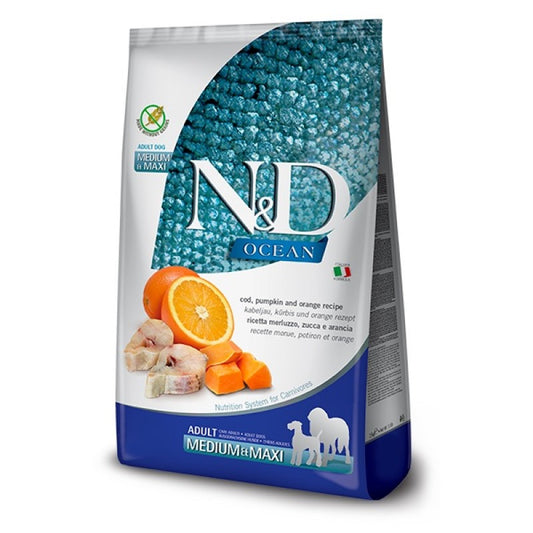 N&D Ocean Cod Pumpkin & Orange Grain Free Medium/Maxi Adult храна за кучета от средни и големи породи с Риба Треска, Тиква и Портокал 2,5кг