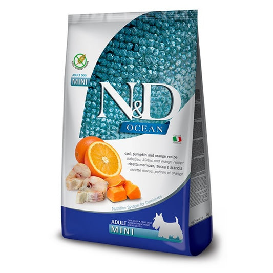 N&D Ocean Cod Pumpkin & Orange Grain Free Mini Adult суха храна за кучета от дребни породи с Риба Треска, Тиква и Портокал 800г