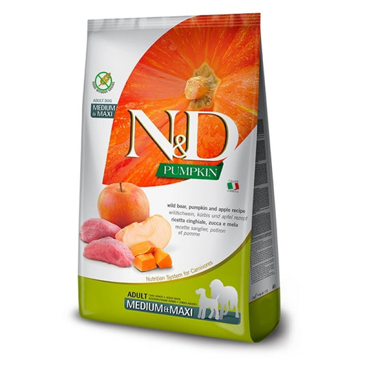N&D Pumpkin Boar & Apple Grain Free Medium/Maxi Adult храна за кучета от средни и едри породи с Глиганско, Тиква и Ябълки 2,5кг