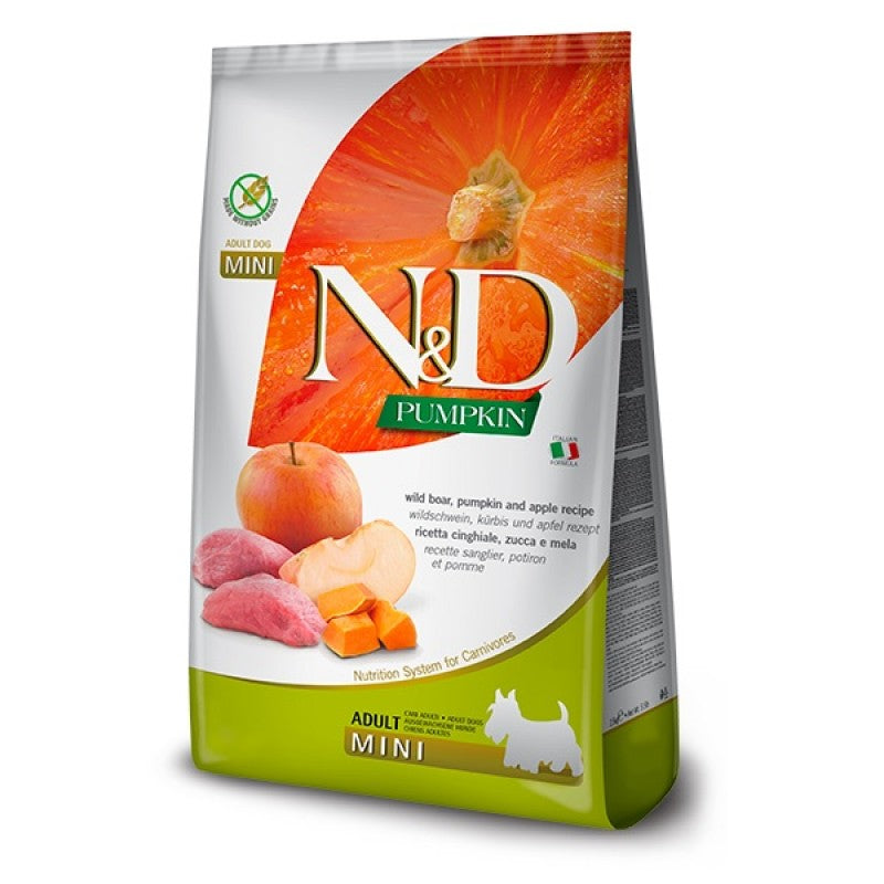 N&D Pumpkin Boar & Apple Grain Free Mini Adult храна за кучета от дребни породи с Глиганско, Тиква и Ябълки 2,5кг