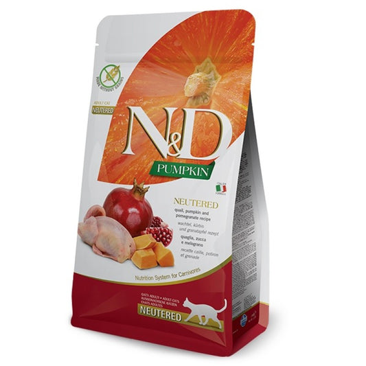 N&D Pumpkin Quail & Pomegranate Grain Free Neutered Adult храна за кастрирани котки с Пъдпъдък Тиква и Нар 300г