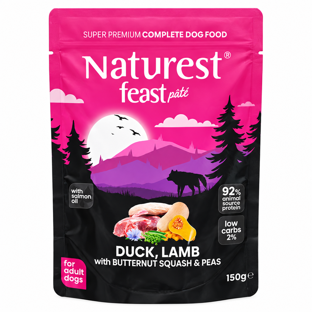 Naturest Feast Paté Duck & Lamb пауч за кучета с 69% Патешко и Агнешко, Моркови и Тиква 150 г