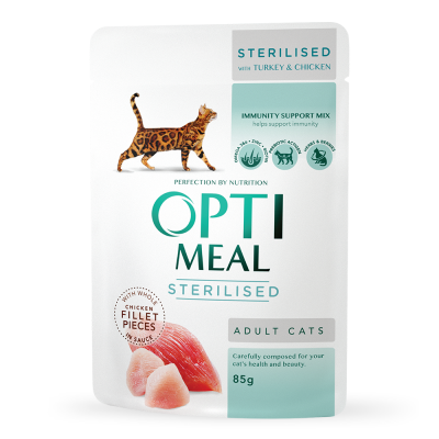 OptiMeal Turkey & Chicken Sterilised Adult храна за кастрирани котки с Пуешко и Пилешко филе в сос 85г пауч