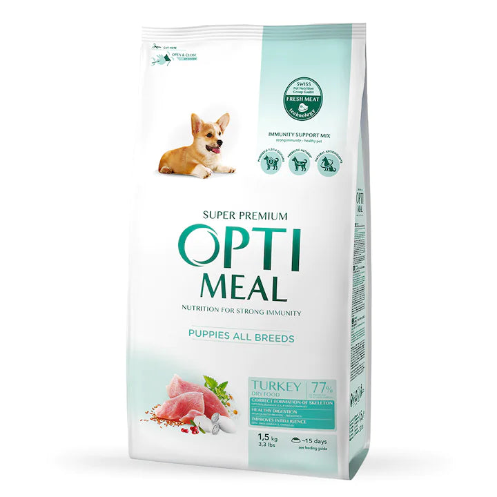 OptiMeal Turkey All Breeds Puppies храна за подрастващи кученца от всички породи с Пуешко 1,5кг