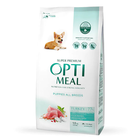 OptiMeal Turkey All Breeds Puppies храна за подрастващи кученца от всички породи с Пуешко 1,5кг