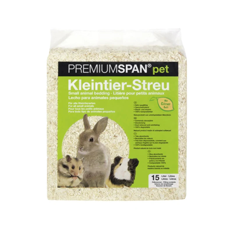 Premiumspan Pet Wood Chips Citrus талаш за зайчета, морски свинчета и гризачи с аромат на цитрус 15 л / 1 кг
