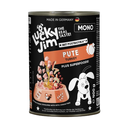 Lucky Jim Mono Turkey Grain Free Monoprotein Adult беззърнена монопротеинова мокра храна за кучета с 65% Пуешко месо, Суперхрани и Постбиотици 400г