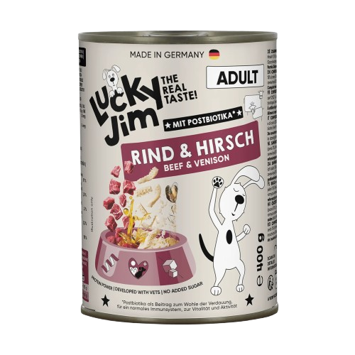 Lucky Jim Beef & Venison Adult мокра храна за кучета с 65% Телешко и Еленско месо, Постбиотици и Зеленоуста мида 400г