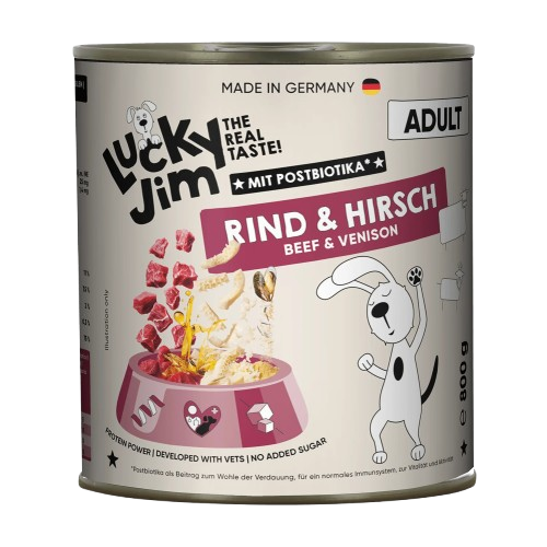Lucky Jim Beef & Venison Adult мокра храна за кучета с 65% Телешко и Еленско месо, Постбиотици и Зеленоуста мида 800г