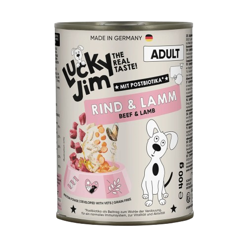 Lucky Jim Beef & Lamb Adult мокра храна за кучета с 65% Телешко и Агнешко месо, Постбиотици и Зеленоуста мида 400г