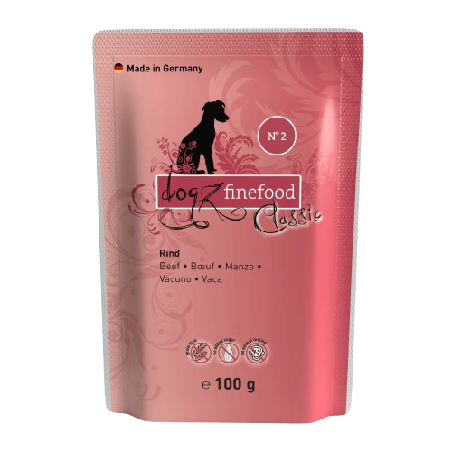 Dogz Finefood Classic Beef Gourmet Grain Free Monoprotein Puppy & Adult монопротеинова мокра храна за кучета с 65% Говеждо, Картофи, Моркови и Ябълки 100г пауч