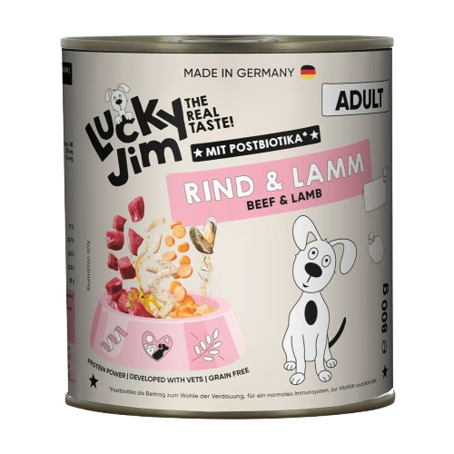 Lucky Jim Beef & Lamb Adult мокра храна за кучета с 65% Телешко и Агнешко месо, Постбиотици и Зеленоуста мида 800г