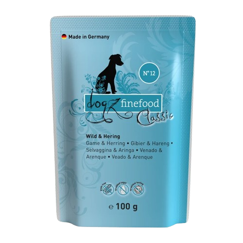 Dogz Finefood Classic Game & Herring Gourmet Grain Free Puppy & Adult мокра храна за кучета с 50% Дивеч и 15% Херинга, Сладък картоф и Домат 100г пауч
