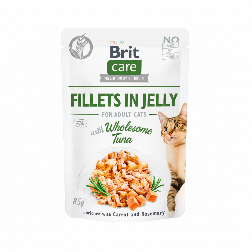 Brit Care Fillets in Jelly with Wholesome Tuna 85g на бял фон