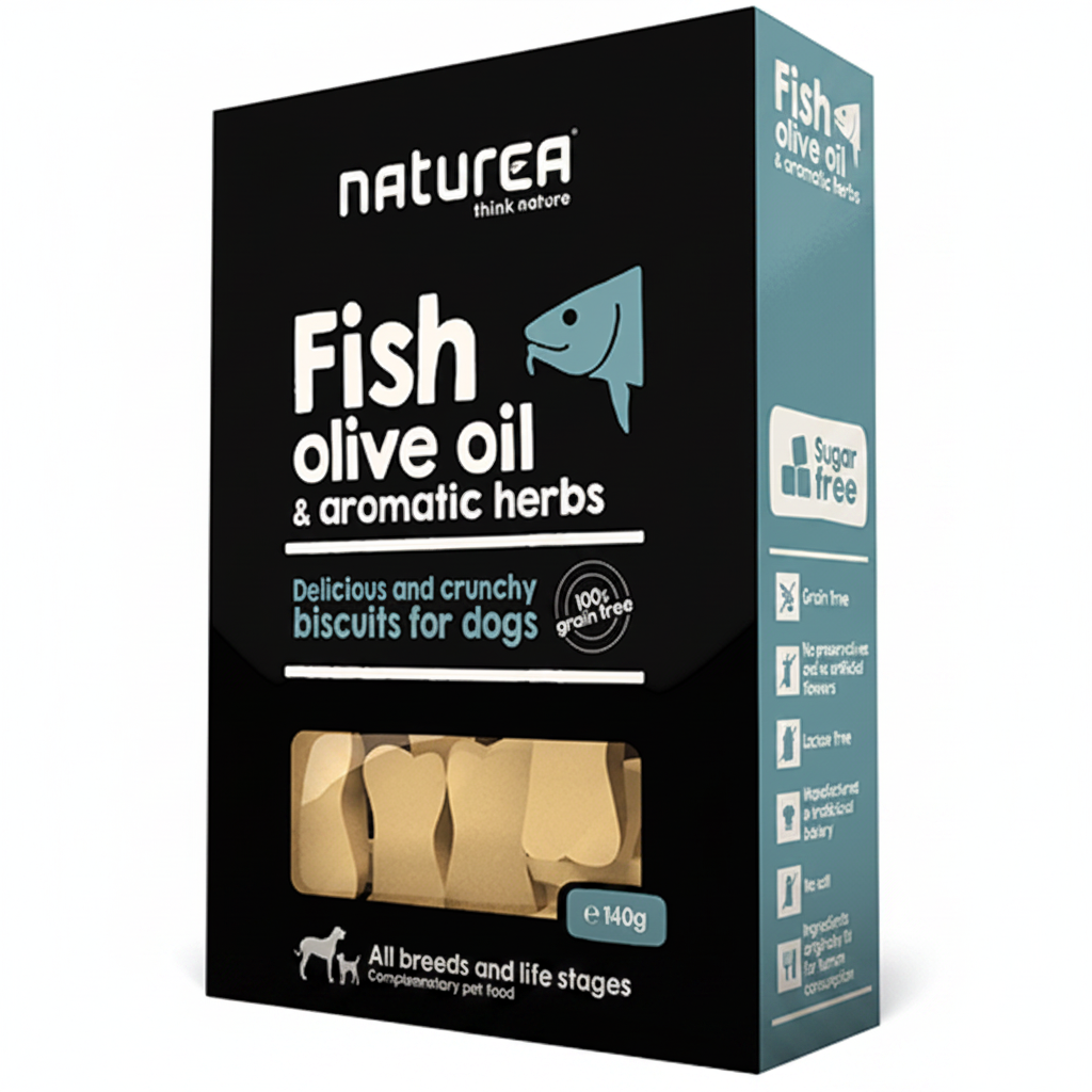 Naturea Fish & Aromatic herbs Grain free бисквити за кучета от всички породи и възрасти с Риба, Зехтин и Ароматни билки 140г