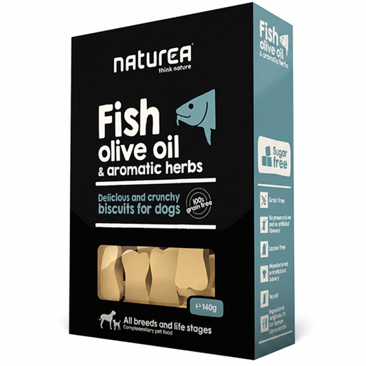 Naturea Fish & Aromatic herbs Grain free бисквити за кучета от всички породи и възрасти с Риба, Зехтин и Ароматни билки 140г