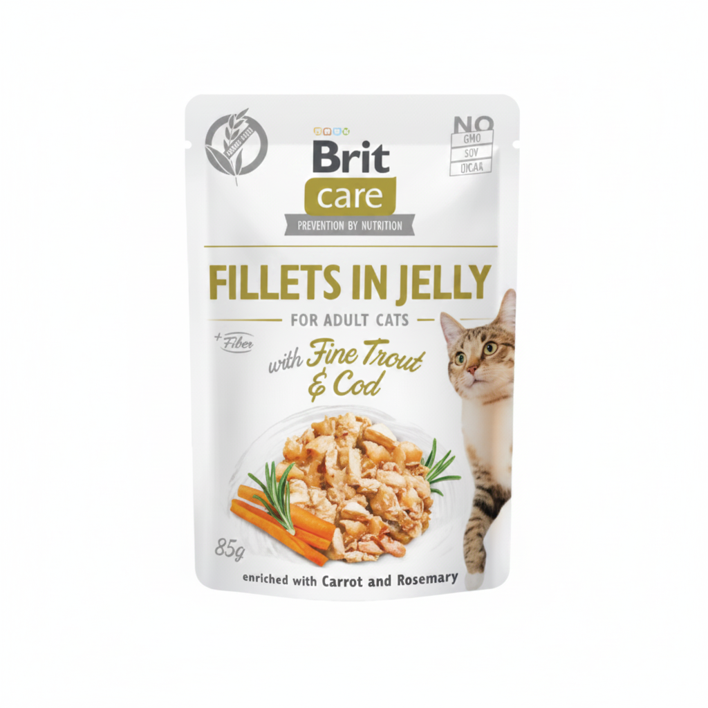 Brit Care Fillets in Jelly with Fine Trout and Cod 85g на бял фон