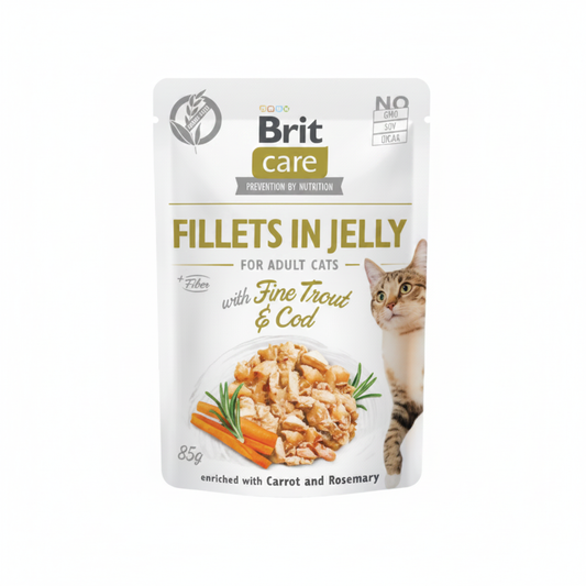 Brit Care Fillets in Jelly with Fine Trout and Cod 85g на бял фон