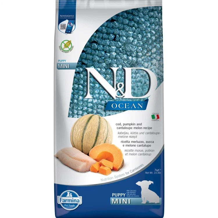 N&D Ocean Cod Pumpkin & Melon Grain Free Mini Puppy храна за подрастващи кучета от дребни породи с Тиква Риба Треска и Пъпеш 7кг