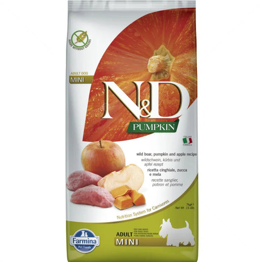 N&D Pumpkin Boar & Apple Grain Free Mini Adult храна за кучета от дребни породи с Глиганско, Тиква и Ябълки 7кг