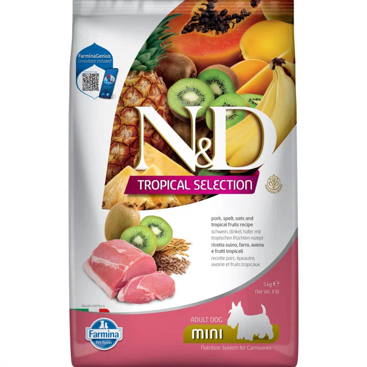 N&D Tropical Selection Pork Grain Free Mini Adult храна за кучета от дребни породи със Свинско и Тропически плодове 5 кг
