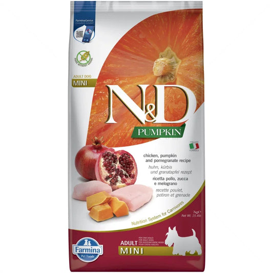 N&D Pumpkin Chicken & Pomegranate Grain Free Mini Adult храна за кучета от дребни породи с Пилешко, Тиква и Нар 7кг