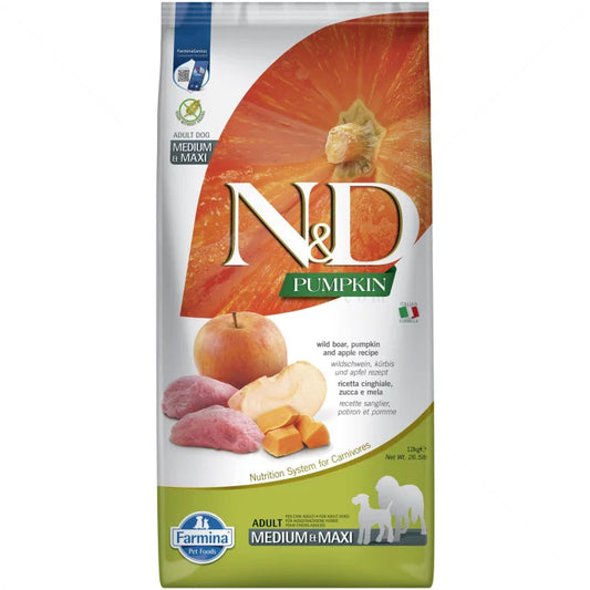 N&D Pumpkin Boar & Apple Grain Free Medium/Maxi Adult храна за кучета от средни и едри породи с Глиганско, Тиква и Ябълки 12кг