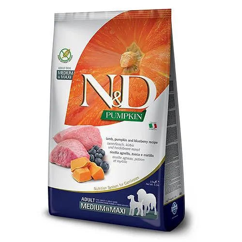 N&D Pumpkin Lamb & Blueberry Medium/Maxi Adult храна за кучета от средни и едри породи с Агнешко, Тиква и Боровинки 2,5кг