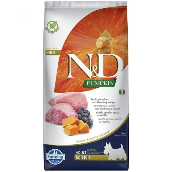 N&D Pumpkin Lamb & Blueberry Grain Free Mini Adult храна за кучета от дребни породи с Агнешко, Тиква и Боровинки кг