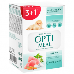 OptiMeal Turkey & Carrot Puppy мокра храна за подрастващи кученца с Пуешко и Моркови 3+1бр х 100г пауч