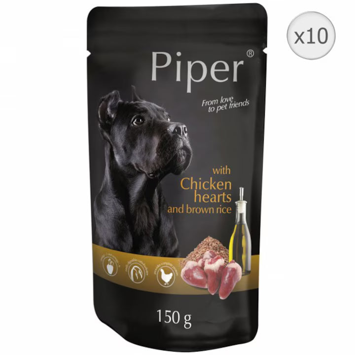 Piper Chicken Hearts & Brown Rice Adult мокра храна за кучета с Пилешки сърца и Кафяв ориз 10 броя х 150г СТЕК