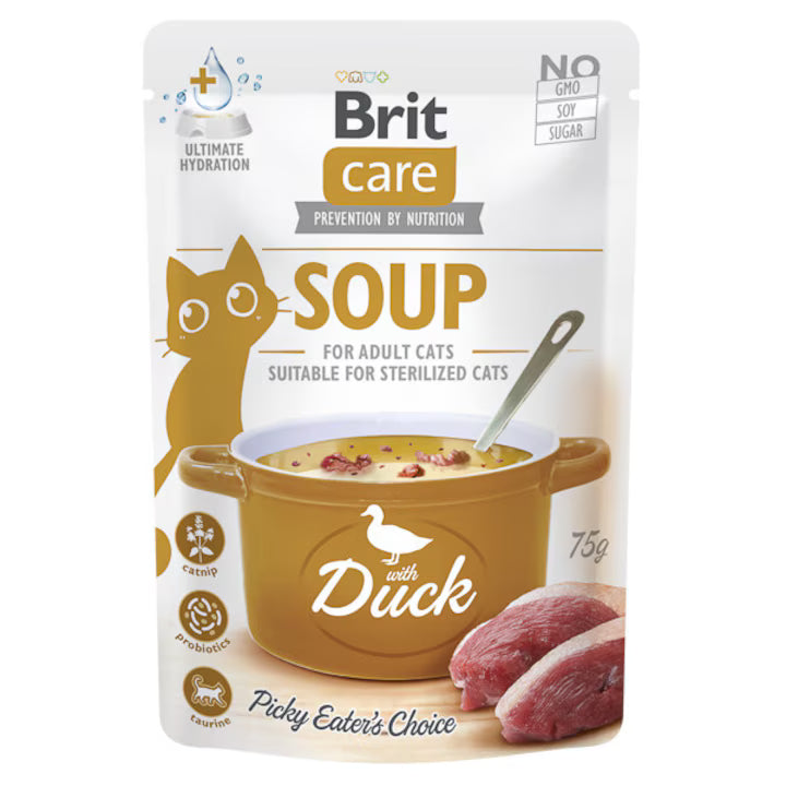 Brit Care Soup Duck Grain Free Adult супа за възрастни и кастрирани котки с Пилешко и Патешко месо 75г пауч