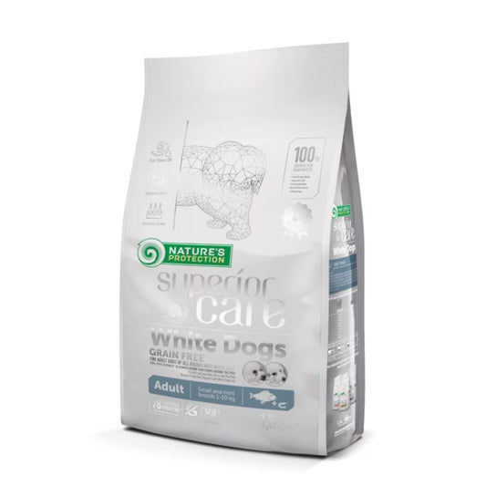 Nature's Protection White Coat White Fish Grain Free Small Breeds Adult храна за кучета с бяла козина от дребни породи с Бяла Риба 1,5кг