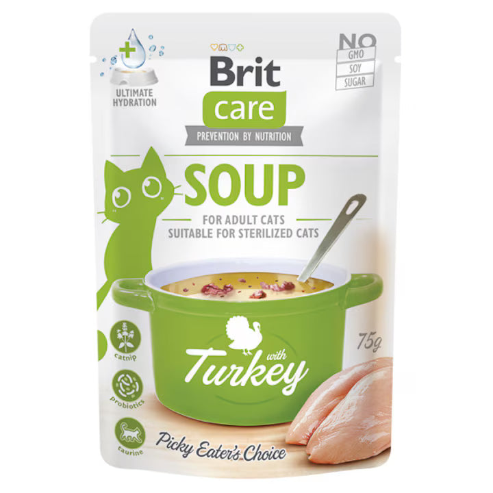 Brit Care Soup Turkey Grain Free Adult супа за възрастни и кастрирани котки с Пилешко и Пуешко месо 75г пауч