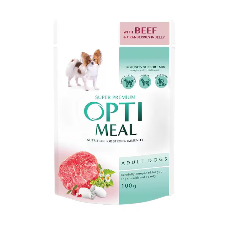 OptiMeal Beef & Cranberries Adult мокра храна за кучета с Телешко и Червени Боровинки в желе 100г пауч