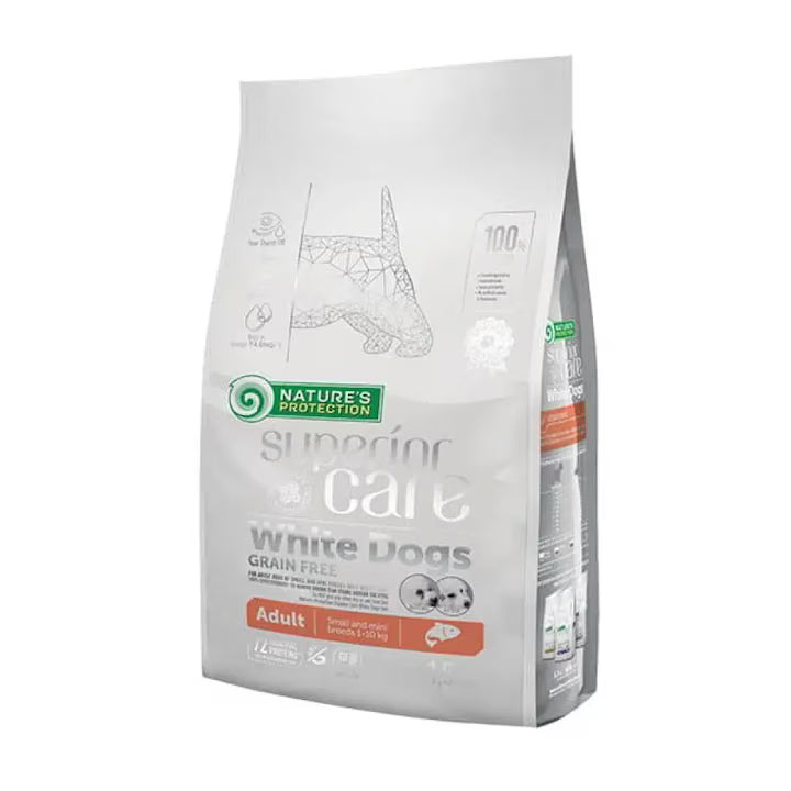 Nature's Protection White Coat Salmon Grain Free Small Breeds Adult храна за кучета с бяла козина от дребни породи със Сьомга 1,5кг