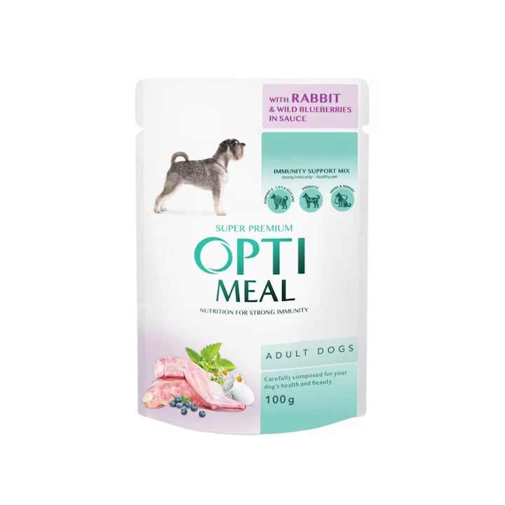 OptiMeal Rabbit & Wild Blueberries Adult мокра храна за кучета със Заешко и Боровинки в сос 100г пауч