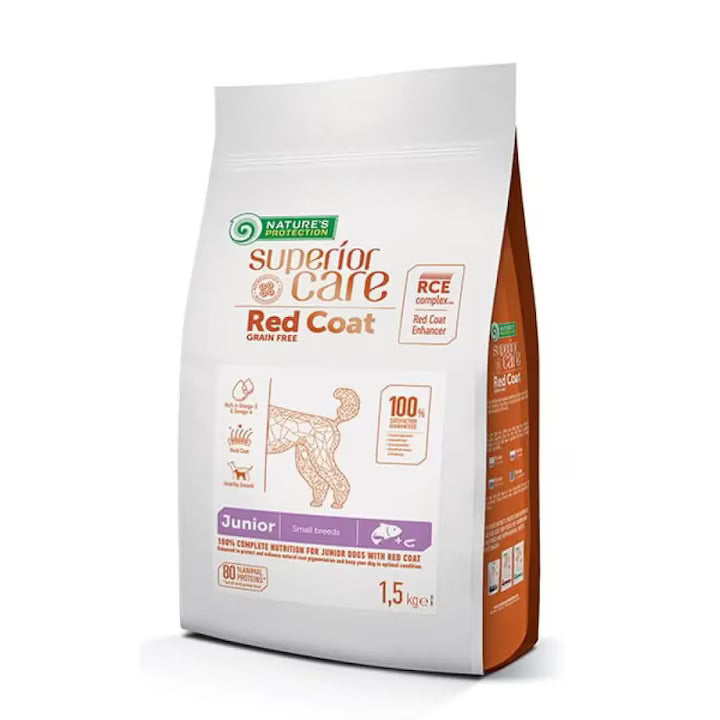 Nature's Protection Red Coat Salmon Grain Free Small Breeds Junior храна за подрастващи кучета с червена и кафява козина от дребни породи със Сьомга 1,5кг