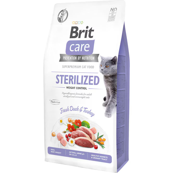Brit Care Sterilized/Weight Control Grain Free суха храна за кастрирани и котки с наднормено тегло с Патешко и Пуешко 7кг