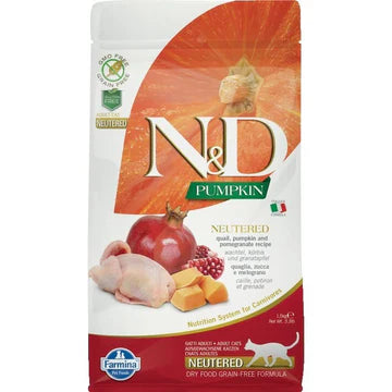N&D Pumpkin Quail & Pomegranate Grain Free Neutered Adult храна за кастрирани котки с Пъдпъдък Тиква и Нар 5кг