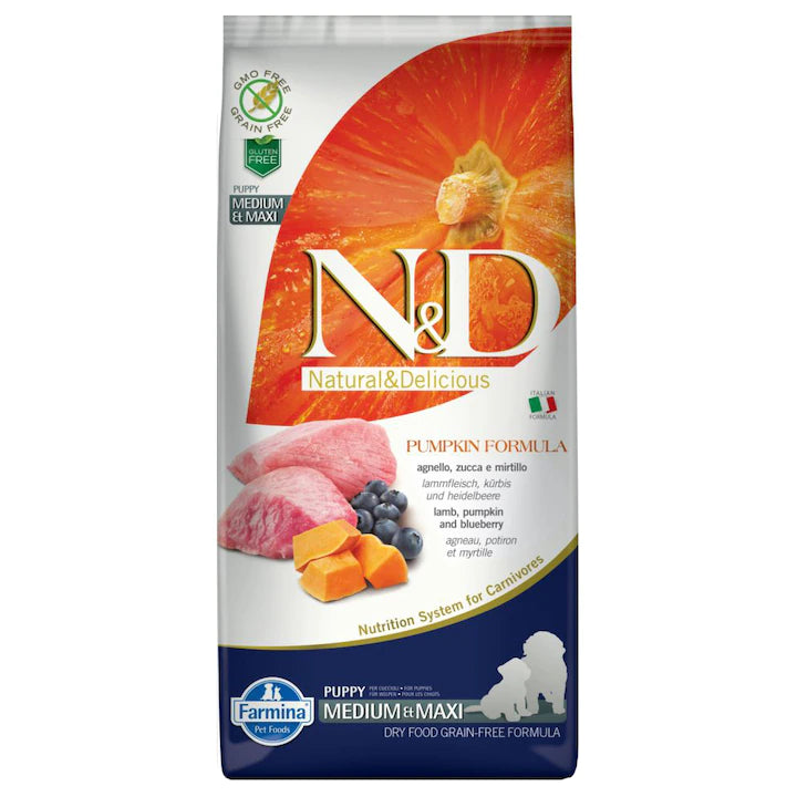 N&D Pumpkin Lamb & Blueberry Medium/Maxi Puppy храна за подрастващи кученца с Агнешко, Тиква и Боровинки 12кг