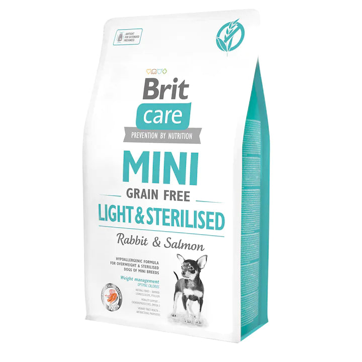 Brit Care Mini Light & Sterilised храна за кастрирани кучета от мини породи със Заешко и Сьомга 2кг