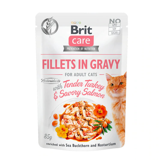 Brit Care Turkey & Salmon Grain Free Adult мокра храна за възрастни котки с Пилешко, Пуешко и Сьомга в сос 85г пауч