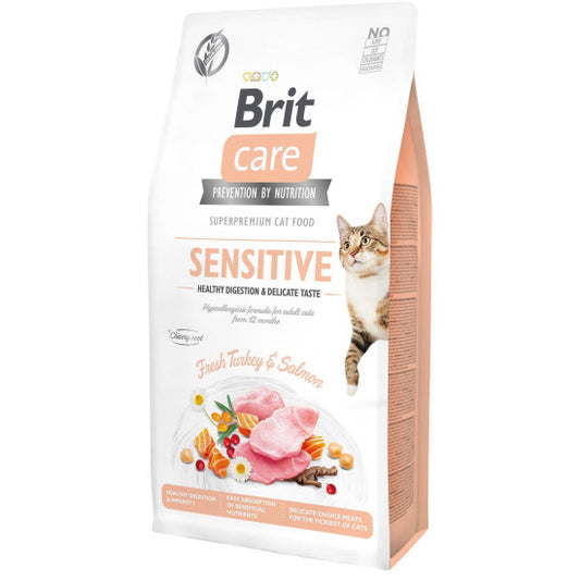 Brit Care Sensitive Grain Free храна за котки за котки с чувствително храносмилане с Пуешко, Сьомга и Зеленчуци 7кг