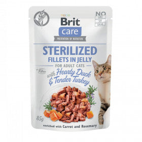 Brit Care Sterilized Grain free храна за кастрирани котки с Пилешко, Патешко и Пуешко в желе 85г пауч